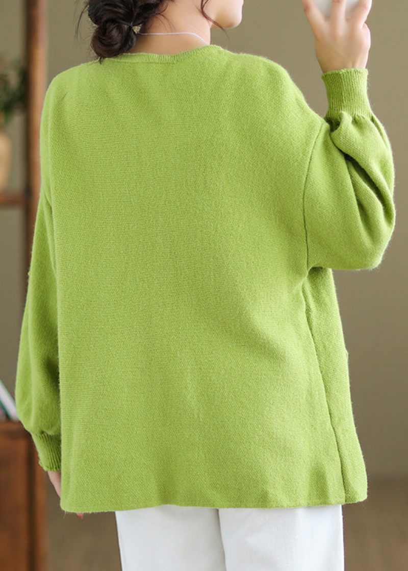 Plus Size Gröna Knappfickor Stickad Kappa Långärmad - Koftor för kvinnor