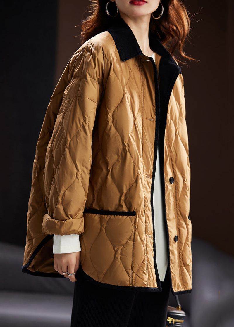 Plus Size Khaki Peter Pan Krage Fickor Duck Down Coat Långärmad - Vinterkappor för kvinnor