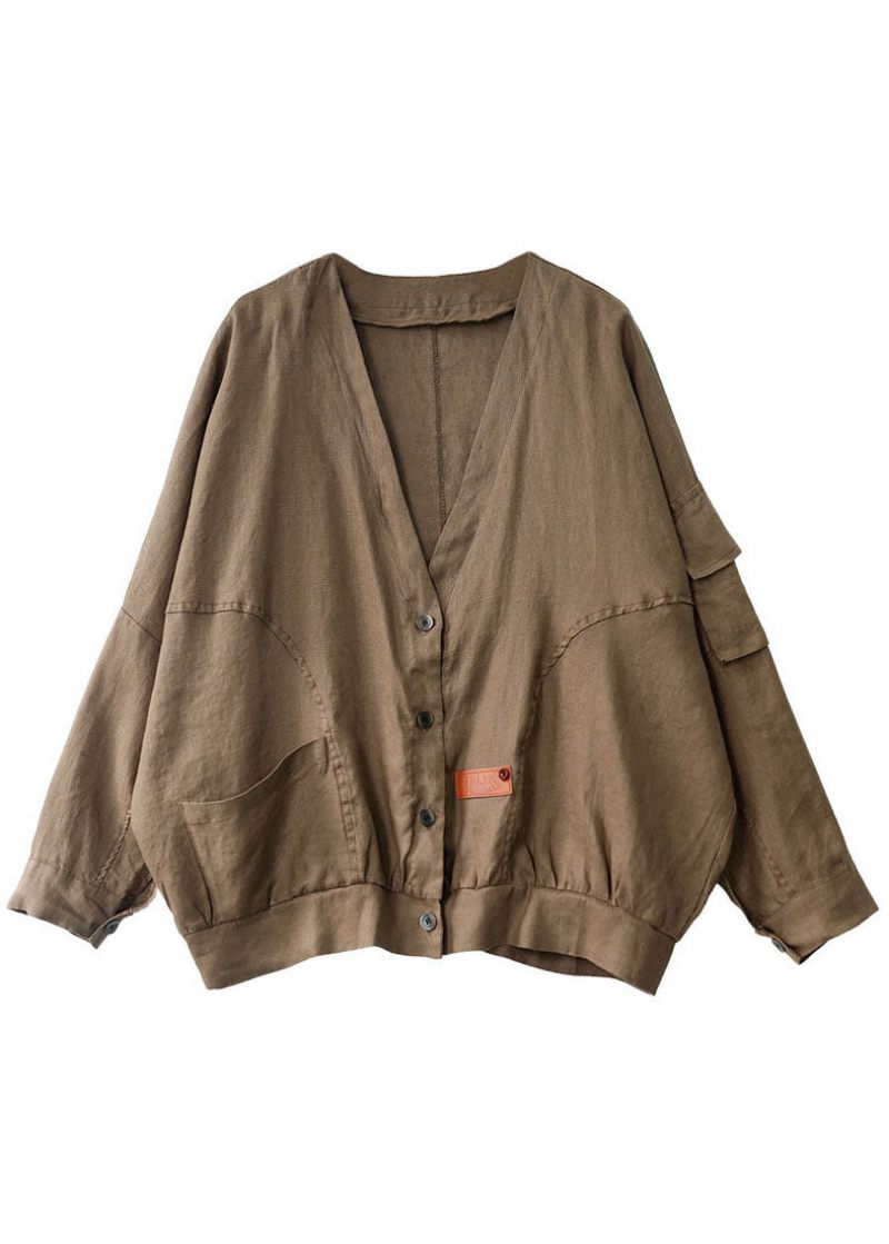 Plus Size Khaki V-hals Lös Knapp Höst Långärmad Jacka - Röd