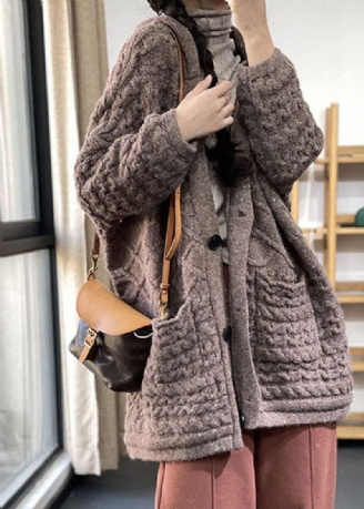 Plus Size Khaki V-halskabel Kaninhårstickade Lösa Koftor Vinter