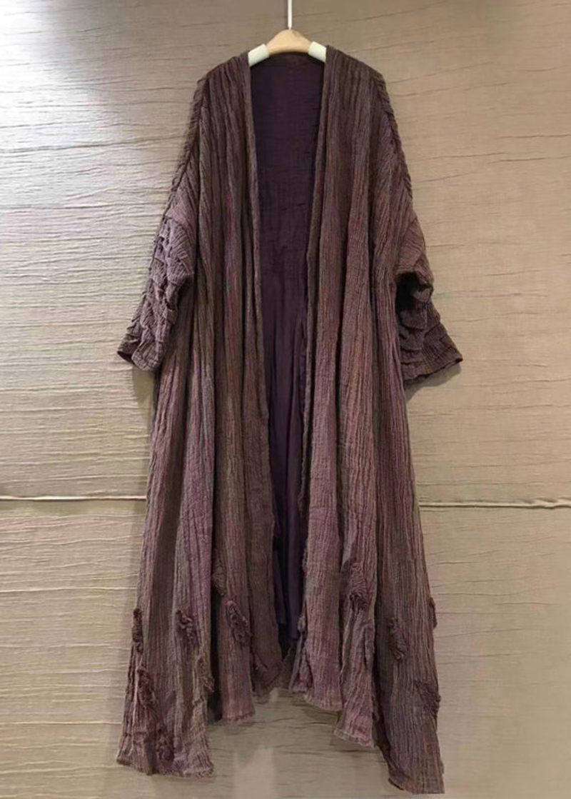 Plus Size Lila Solid V-hals Linne Cardigans Långärmad