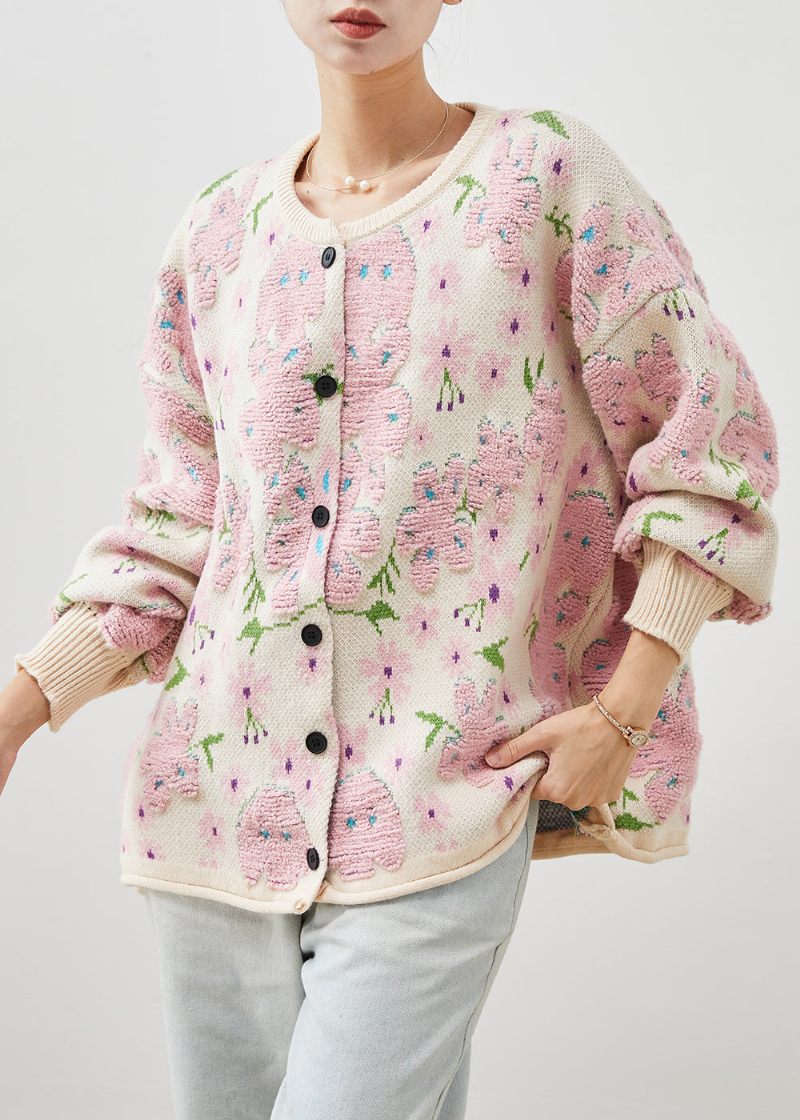 Plus Size Ljusrosa Oversized Jacquardstickade Cardigans Vinter