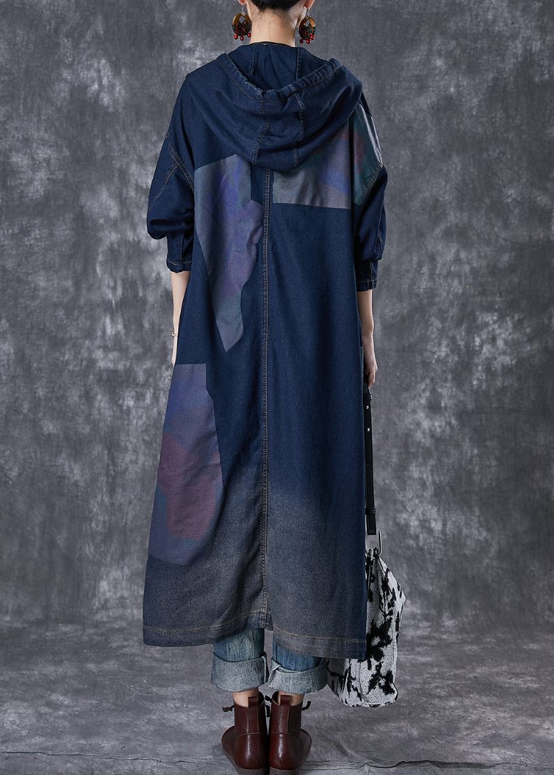 Plus Size Navy Hooded Asymmetriska Stora Fickor Denim Trench Fall - Trenchcoats för kvinnor
