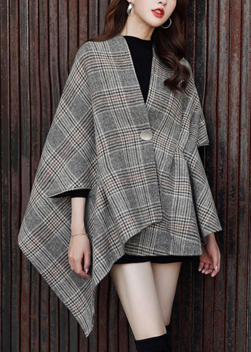 Plus Size Pläd Asymmetrisk Knapp Patchwork Bomullsrockar Höst - Vinterkappor för kvinnor