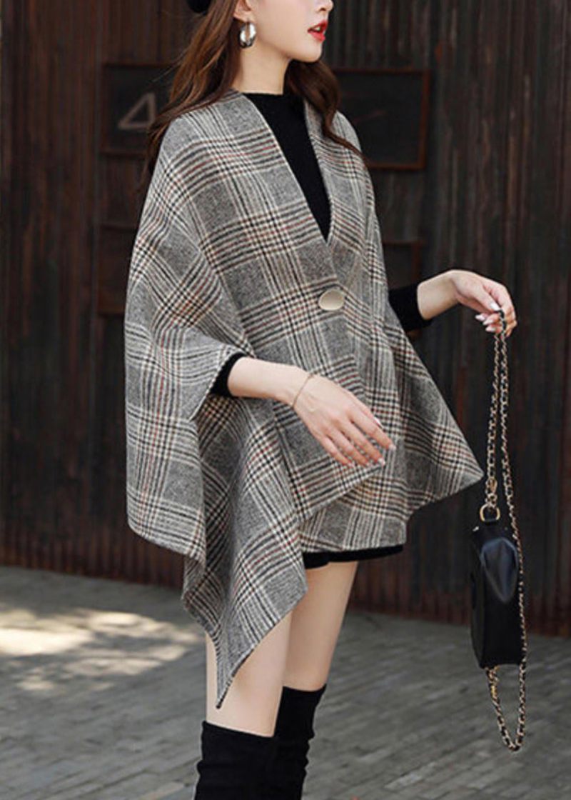 Plus Size Pläd Asymmetrisk Knapp Patchwork Bomullsrockar Höst - Vinterkappor för kvinnor