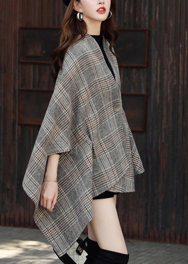 Plus Size Pläd Asymmetrisk Knapp Patchwork Bomullsrockar Höst - Vinterkappor för kvinnor