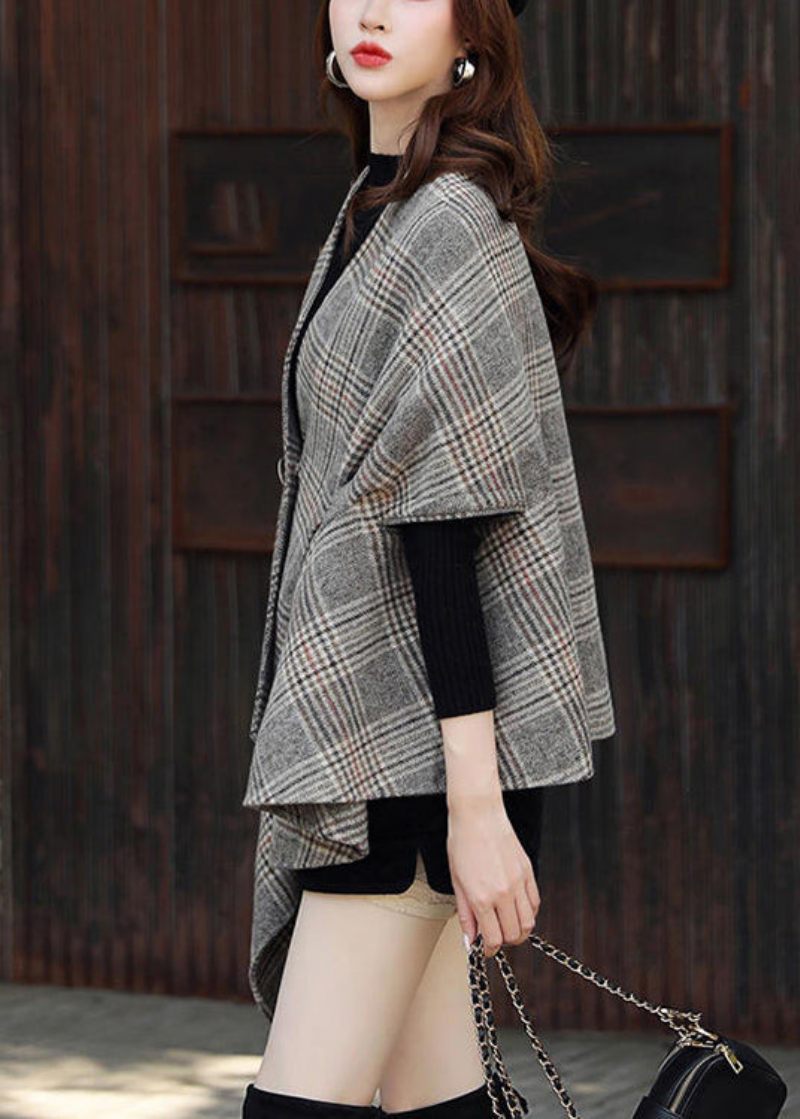 Plus Size Pläd Asymmetrisk Knapp Patchwork Bomullsrockar Höst - Vinterkappor för kvinnor