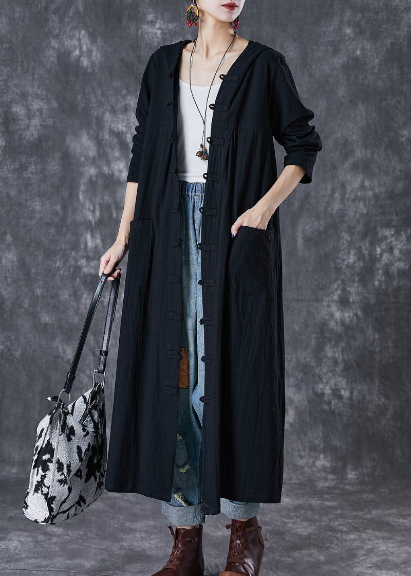 Plus Size Röd Hooded Chines Button Bomull Trench Fall - Trenchcoats för kvinnor