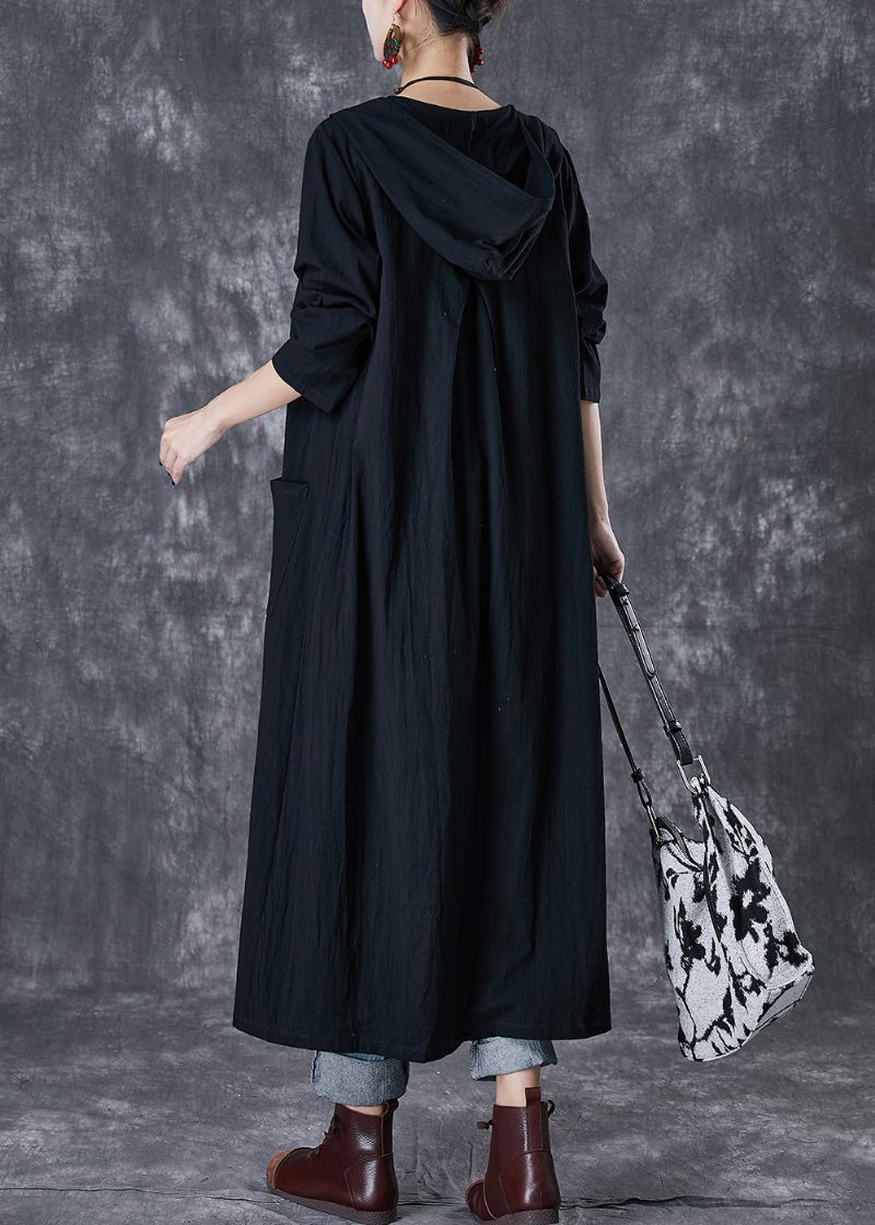 Plus Size Röd Hooded Chines Button Bomull Trench Fall - Trenchcoats för kvinnor