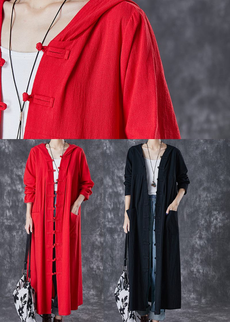 Plus Size Röd Hooded Chines Button Bomull Trench Fall - Trenchcoats för kvinnor