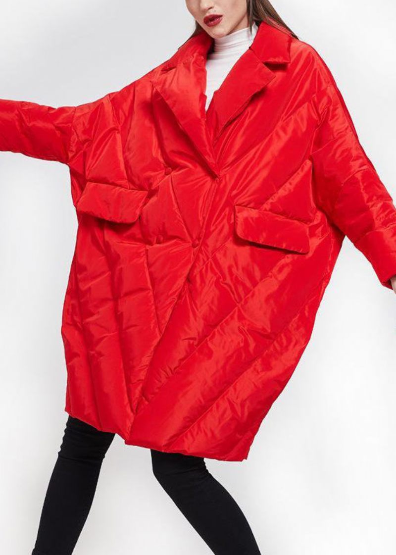 Plus Size Röd Peter Pan Krage Button Duck Down Coat Långärmad - Vinterkappor för kvinnor