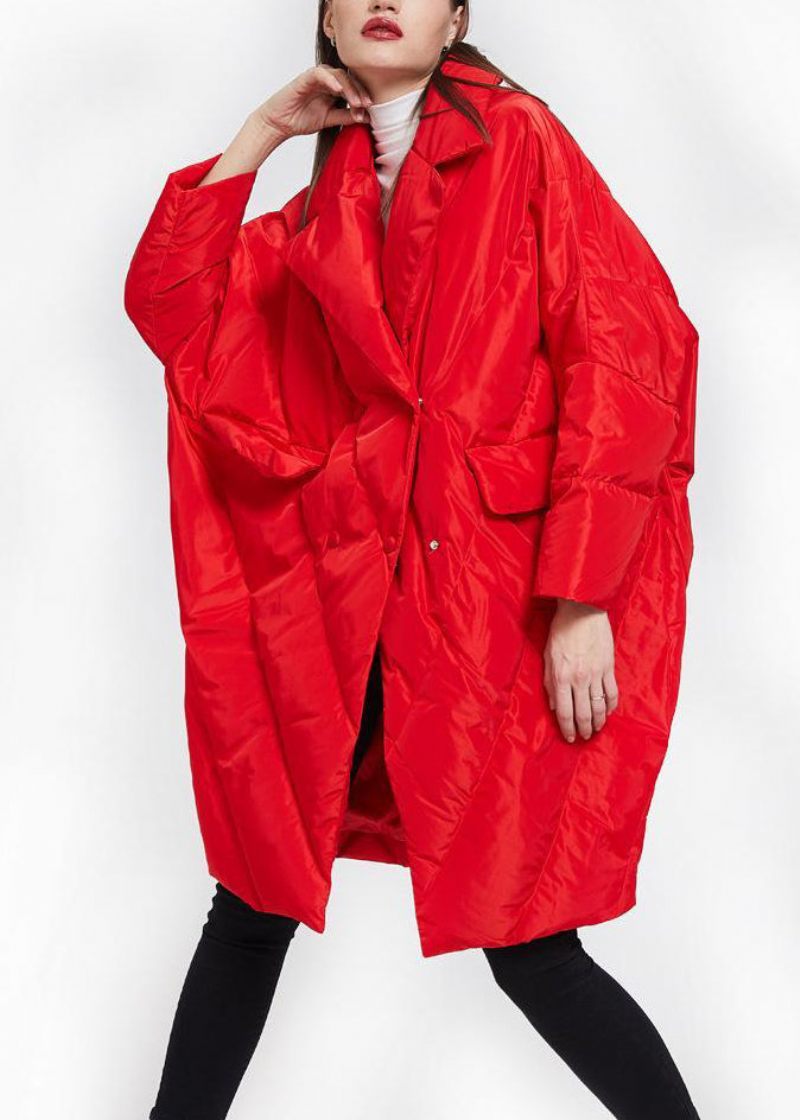 Plus Size Röd Peter Pan Krage Button Duck Down Coat Långärmad - Vinterkappor för kvinnor