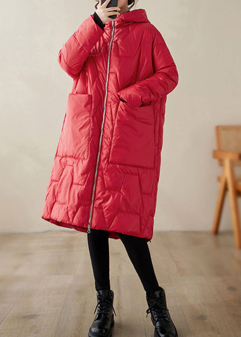 Plus Size Röda Huvfickor Fin Bomullsfylld Kappa Vinter - Dunjackor för kvinnor