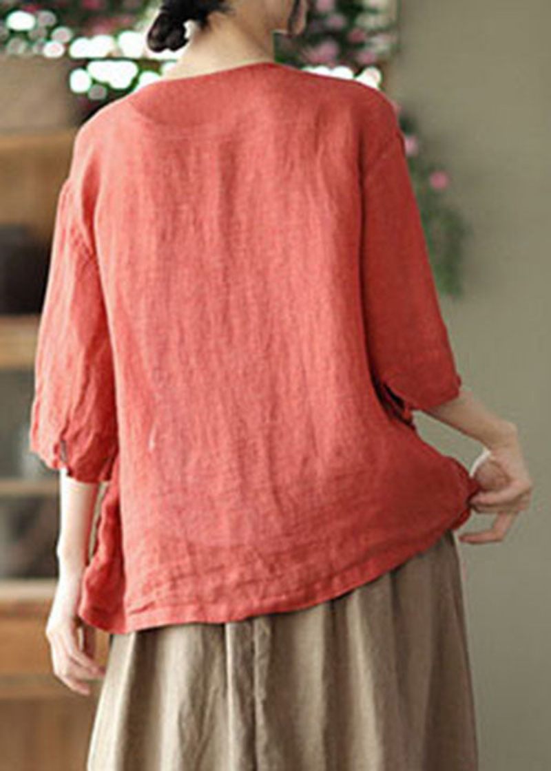Plus Size Röda O-ringade Fickor Linne Lösa Cardigans Halvärm - Röd