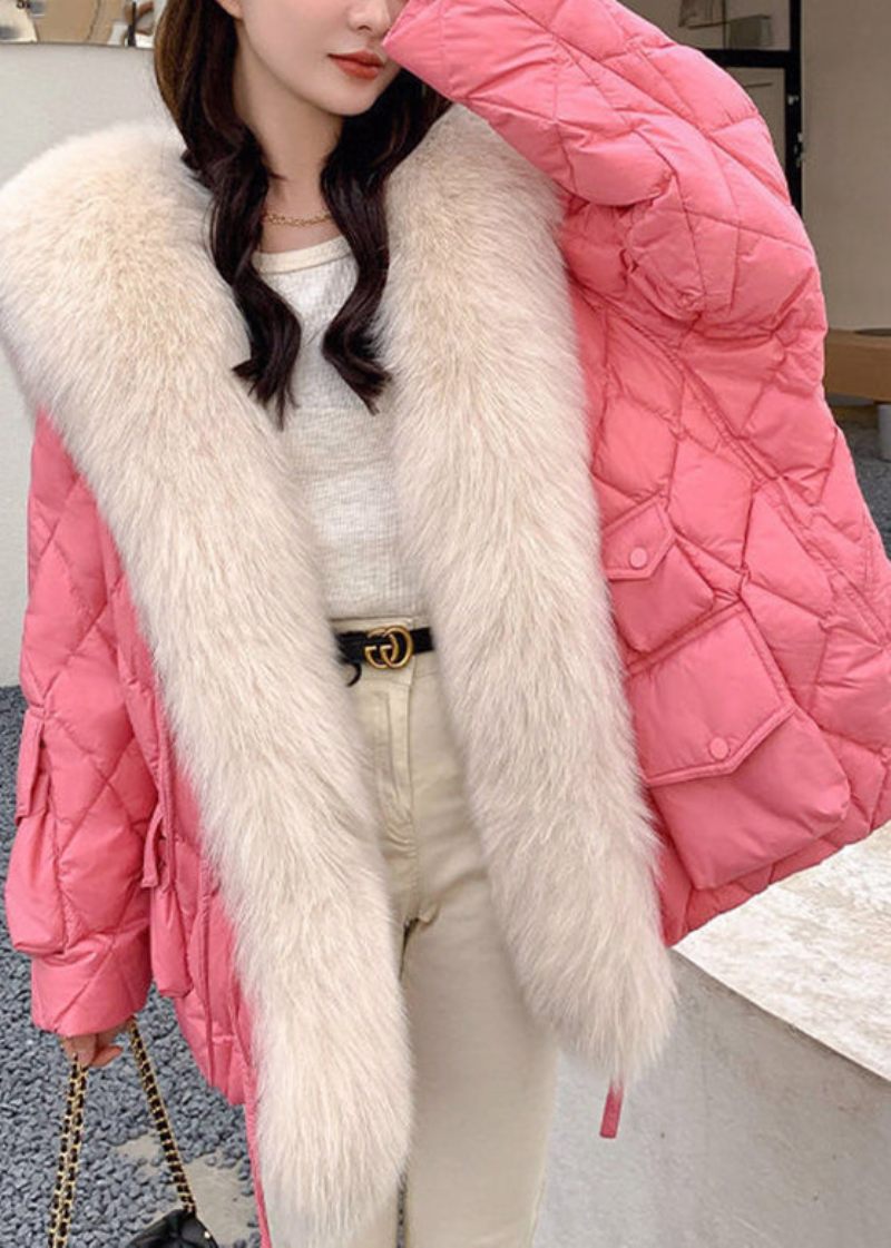 Plus Size Rosa Pälskrage Fickor Pläd Patchwork Parka Långärmad