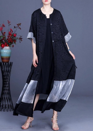 Plus Size Svart Jacquard Patchwork Silk Cardigans Långa