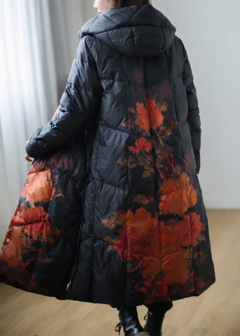 Plus Size Svart Print Varm Fleece Tjock Duck Down Lång Dunrock Vinter - Svart