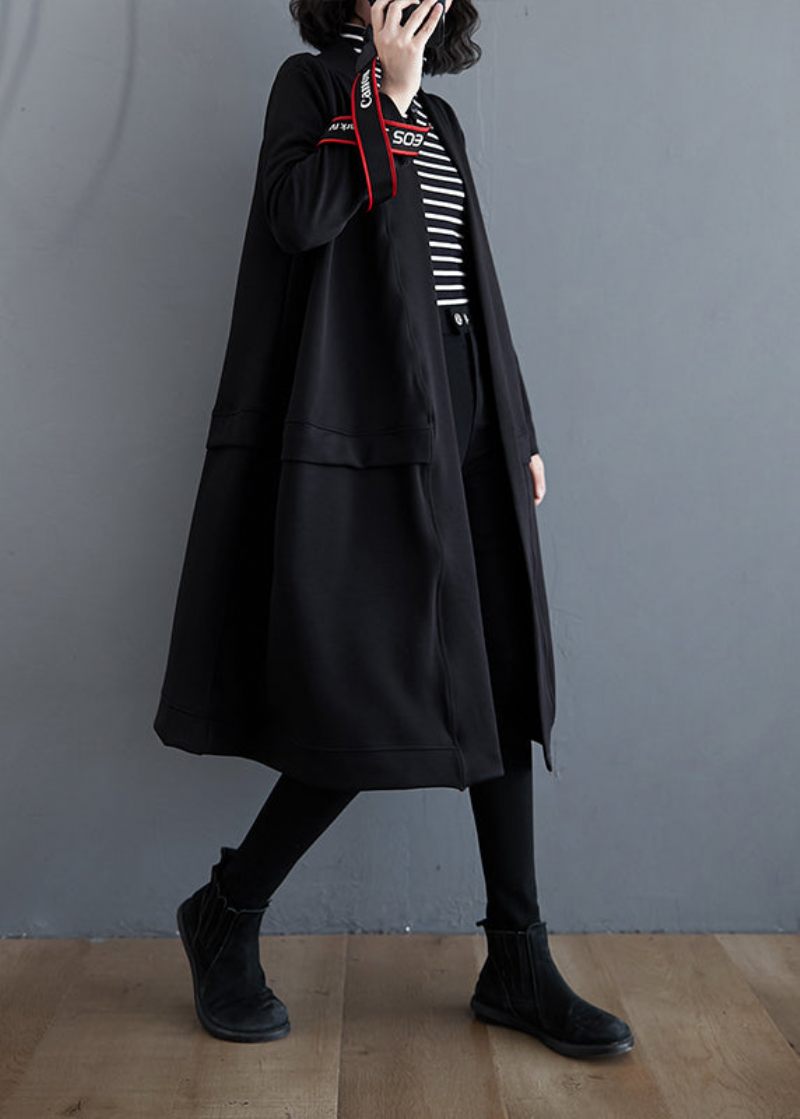 Plus Size Svarta V-halsfickor Bomull Trenchcoat Höst - Trenchcoats för kvinnor