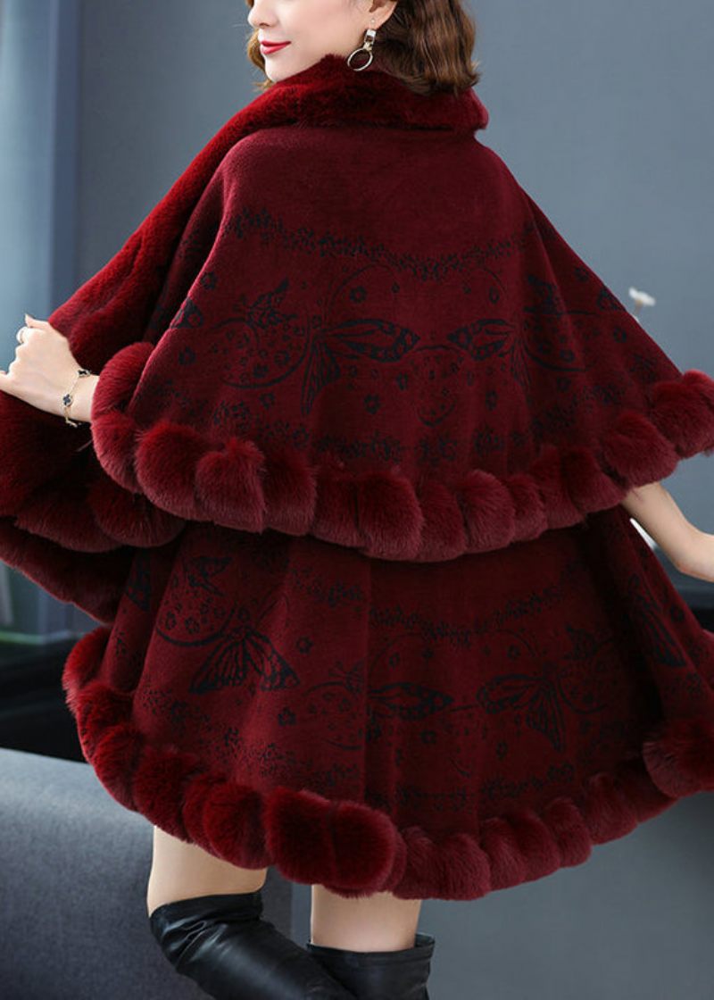 Plus Size Vinröd Pälskrage Print Patchwork Yllerock Höst - Vinterkappor för kvinnor