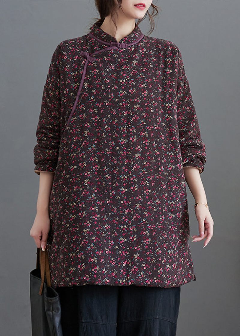 Plus Size Vintage Purple Print Stand Krage Fin Bomullsfylld Top Winter