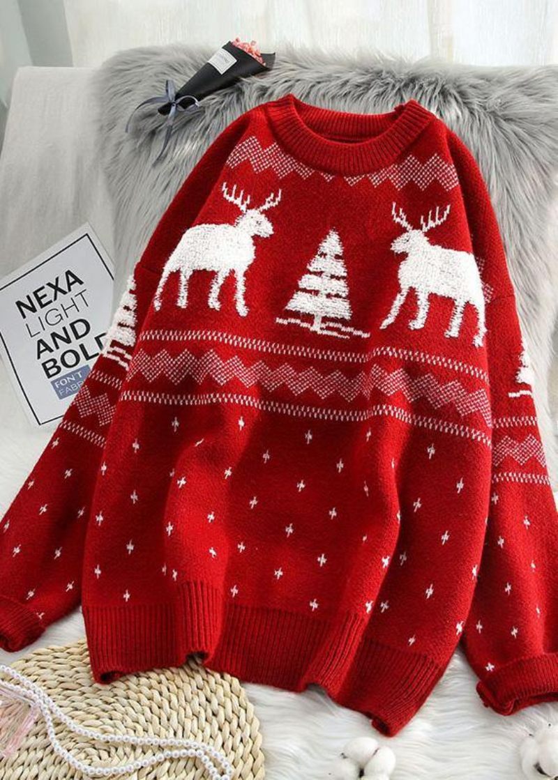 Pullover Röd Stickad Blus Plus Size O-ringad Tjock Topp