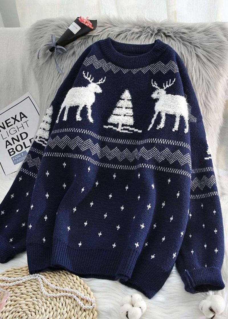 Pullover Röd Stickad Blus Plus Size O-ringad Tjock Topp - Röd