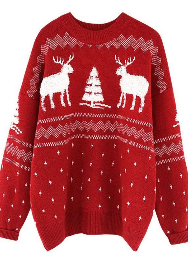 Pullover Röd Stickad Blus Plus Size O-ringad Tjock Topp - Röd