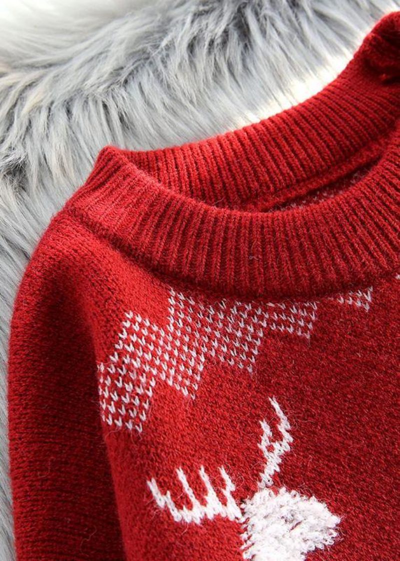 Pullover Röd Stickad Blus Plus Size O-ringad Tjock Topp - Röd