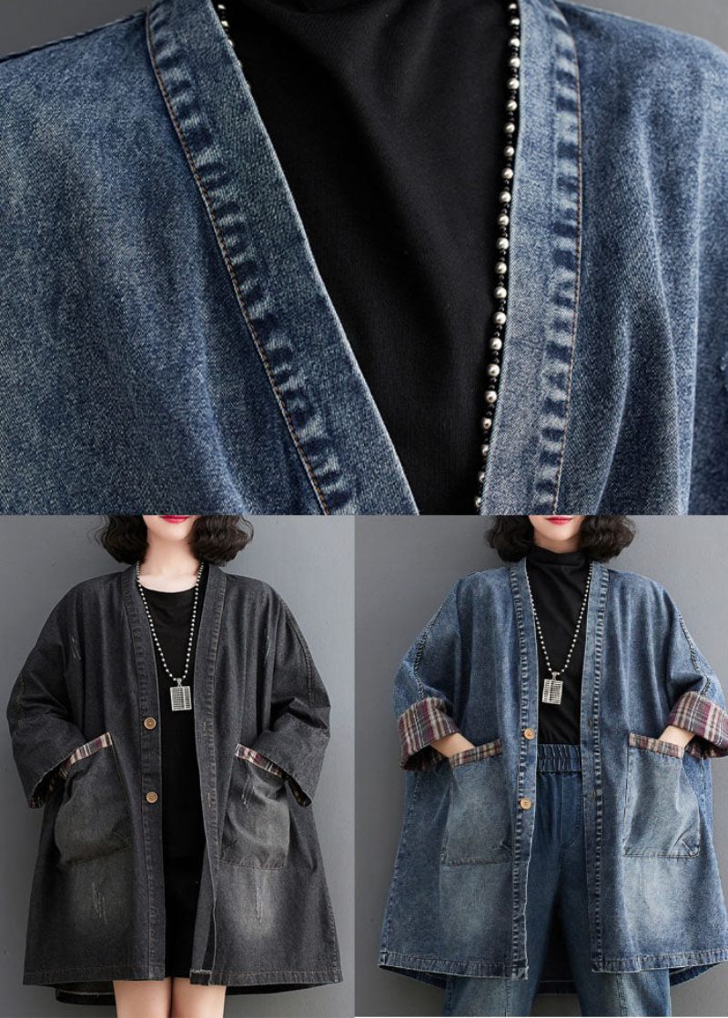 Retro Blå V-hals Randig Patchwork Denim Trench Coat Långärmad - Blå