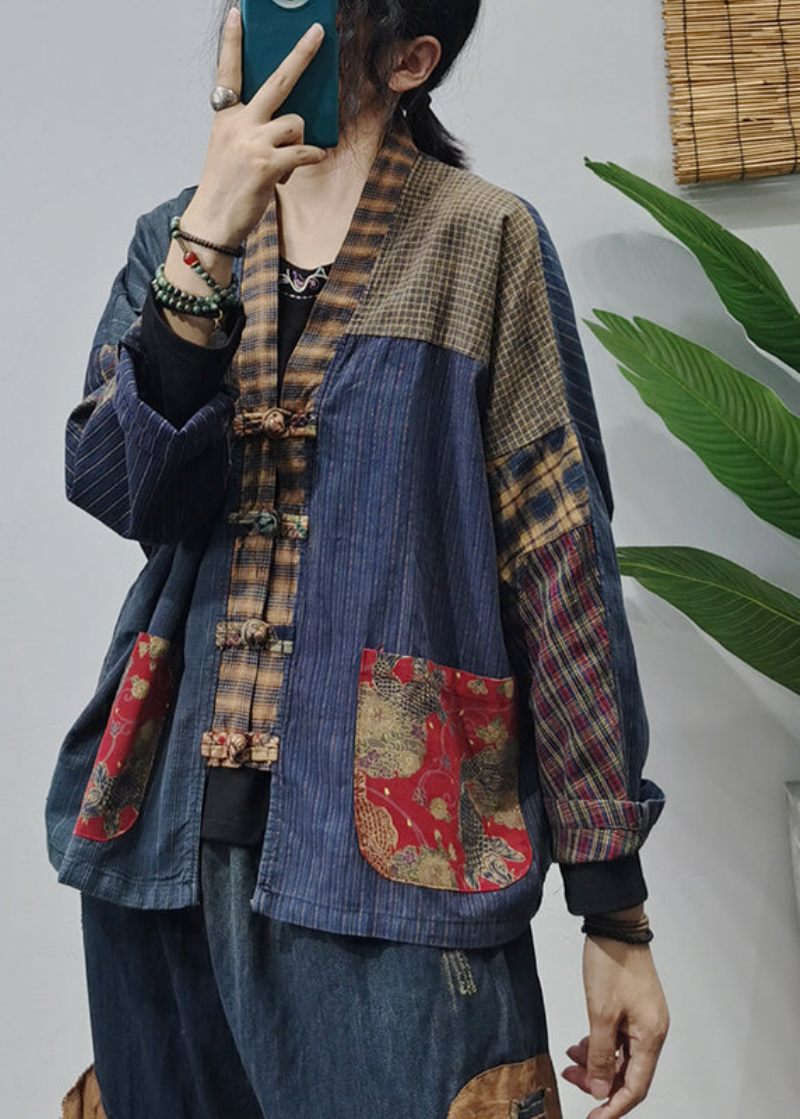 Retro Colorblock V-hals Knappfickor Patchwork Bomullsrock Långärmad - Vinterkappor för kvinnor