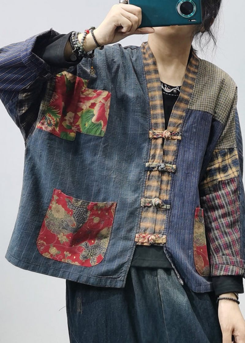 Retro Colorblock V-hals Knappfickor Patchwork Bomullsrock Långärmad - Vinterkappor för kvinnor