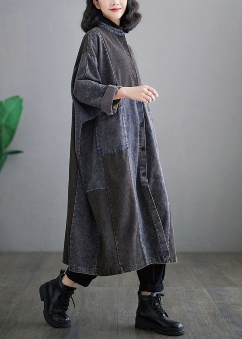 Retro Denim Blå Fickor Patchwork Knapp Långa Trenchcoats Långärmad - Trenchcoats för kvinnor