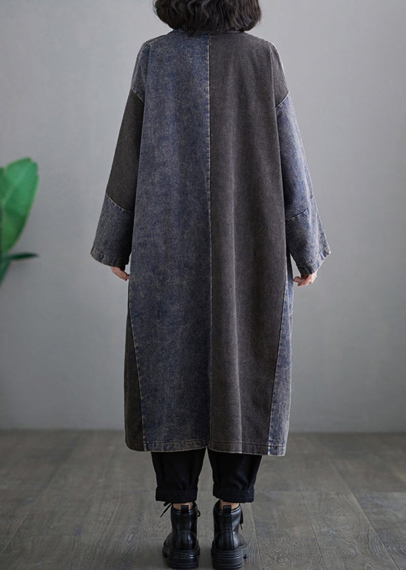 Retro Denim Blå Fickor Patchwork Knapp Långa Trenchcoats Långärmad - Trenchcoats för kvinnor
