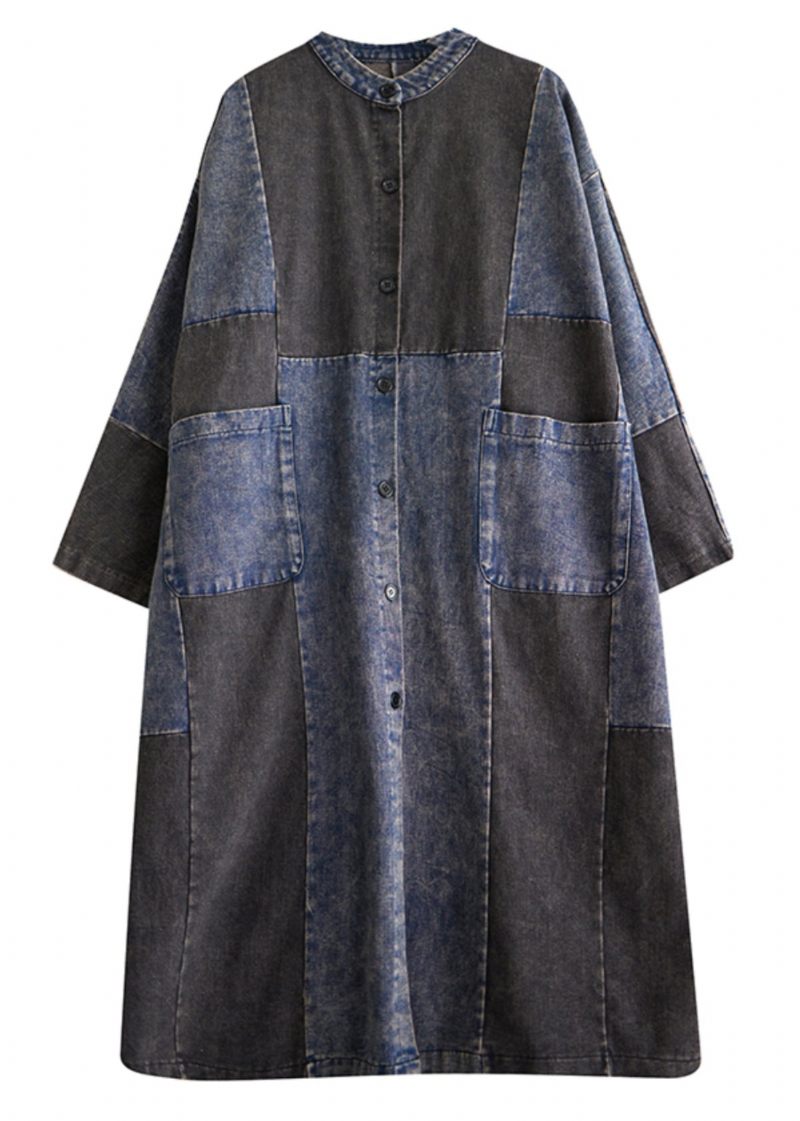 Retro Denim Blå Fickor Patchwork Knapp Långa Trenchcoats Långärmad - Trenchcoats för kvinnor