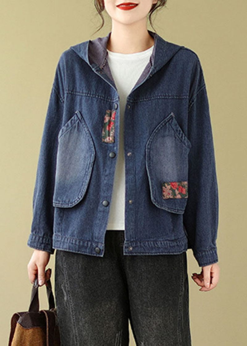 Retro Denim Blå Pockets Print Huvkappor Höst - Vinterkappor för kvinnor