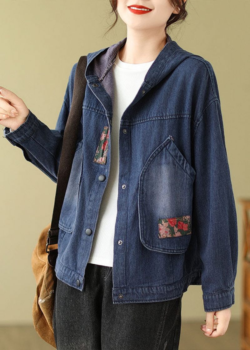 Retro Denim Blå Pockets Print Huvkappor Höst - Vinterkappor för kvinnor