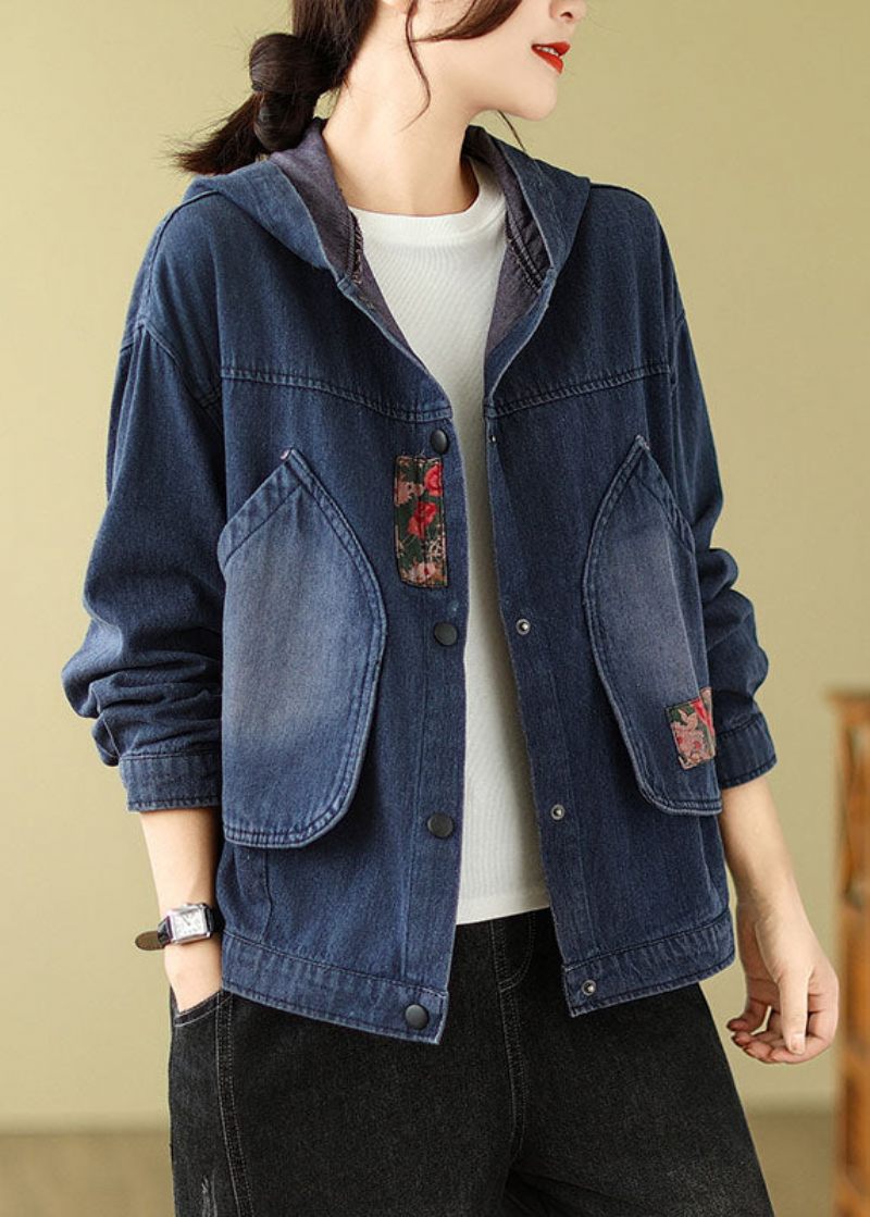 Retro Denim Blå Pockets Print Huvkappor Höst - Vinterkappor för kvinnor