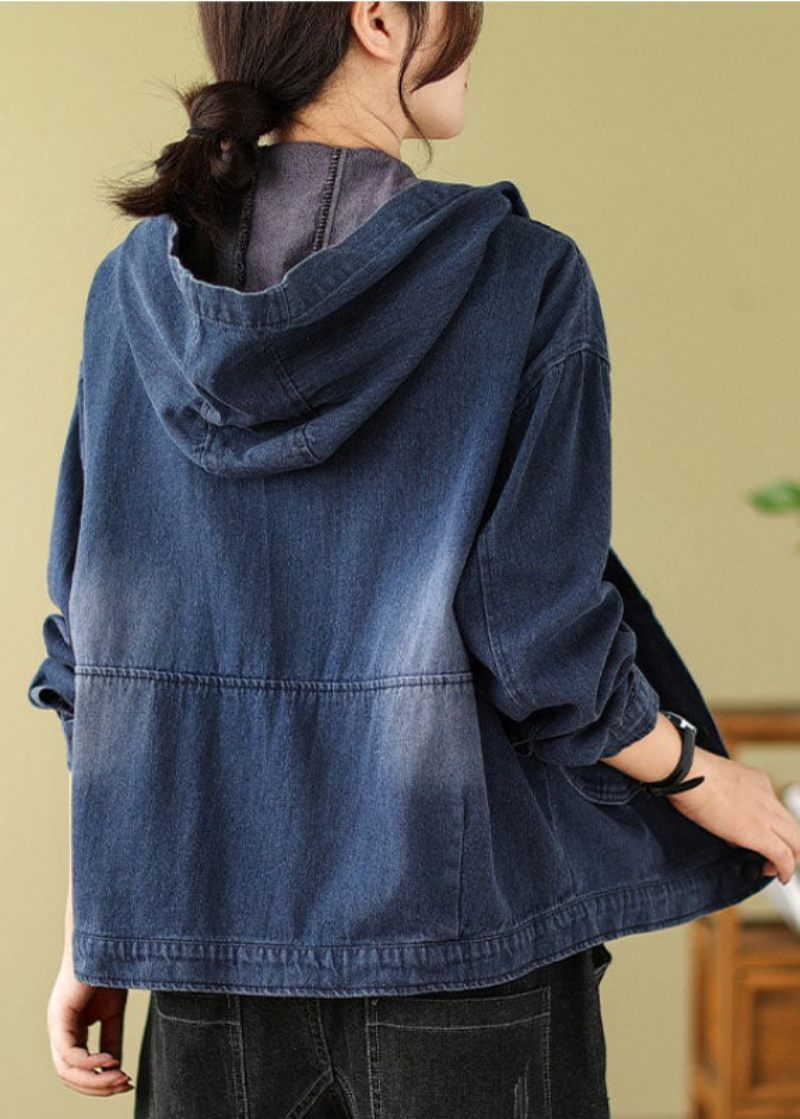 Retro Denim Blå Pockets Print Huvkappor Höst - Vinterkappor för kvinnor