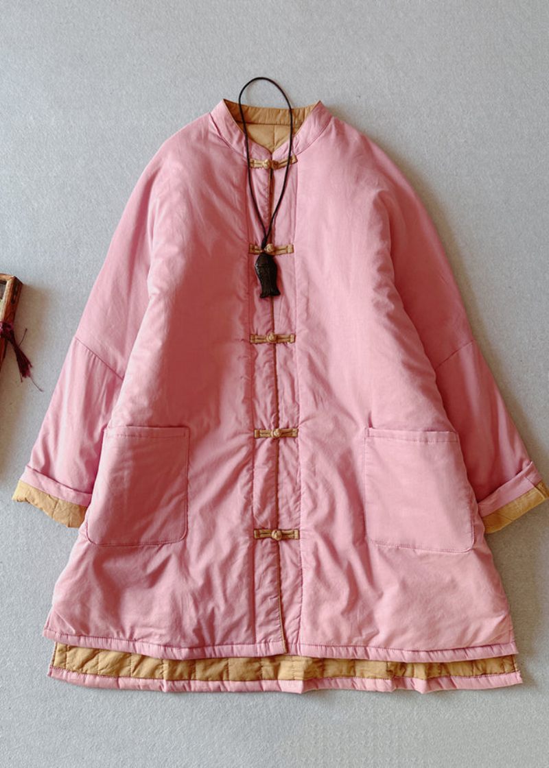 Retro Rosa Stativ Krage Fickor Fin Bomullsfylld Plus Size Kappa Vinter - Dunjackor för kvinnor