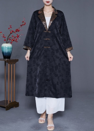 Retro Svart Naggad Patchwork Kinesisk Button Silk Trench Coats Spring