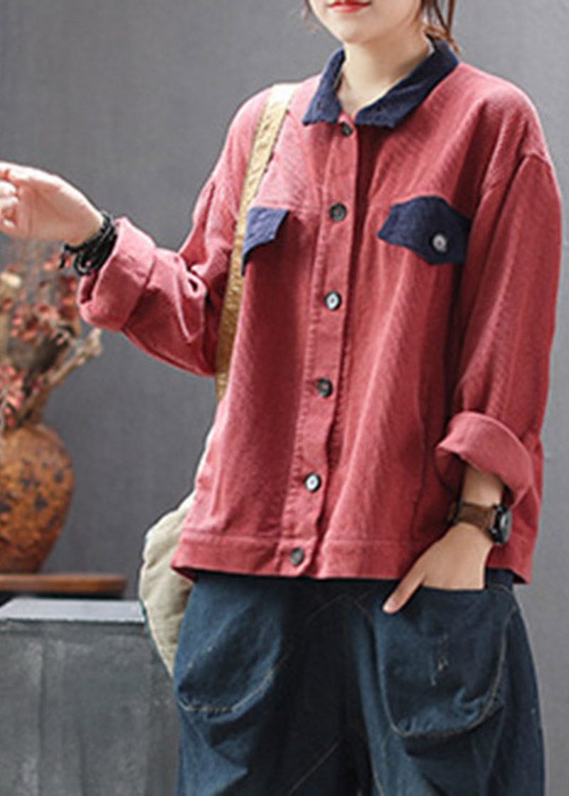 Röd Knapp Lazy Corduroy Coats Långärmad - Röd