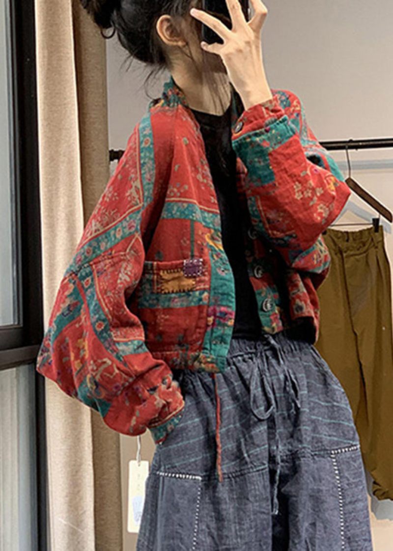 Röd V-ringad Knapp Linne Parka Batwing Sleeve - Röd