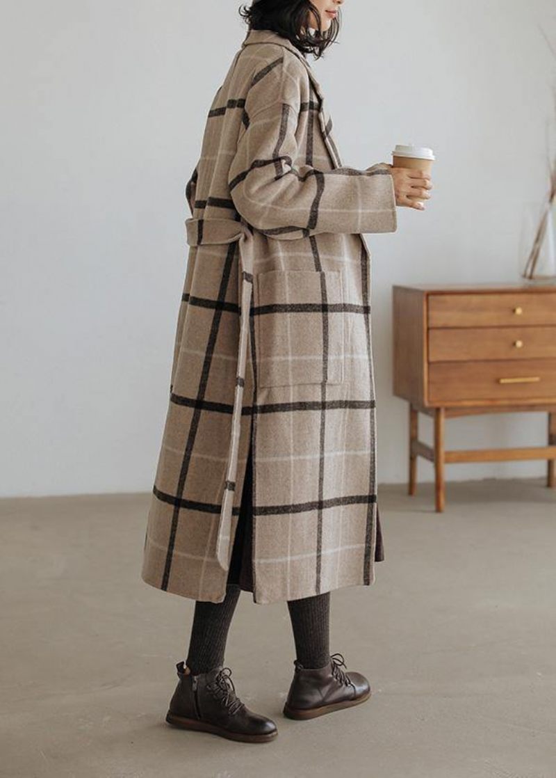 Rutig Ullkappa Plus Size Skårade Fickor Långa Ytterkläder I Ylle - Trenchcoats för kvinnor