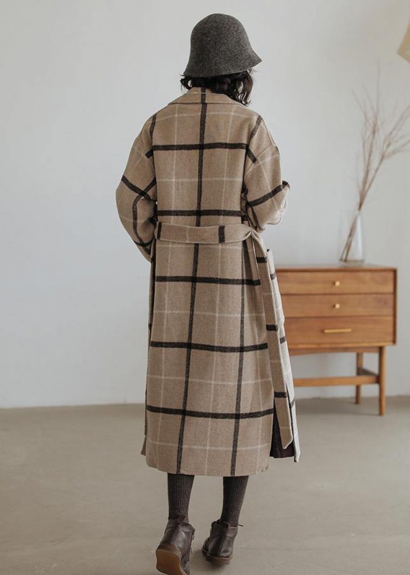 Rutig Ullkappa Plus Size Skårade Fickor Långa Ytterkläder I Ylle - Trenchcoats för kvinnor