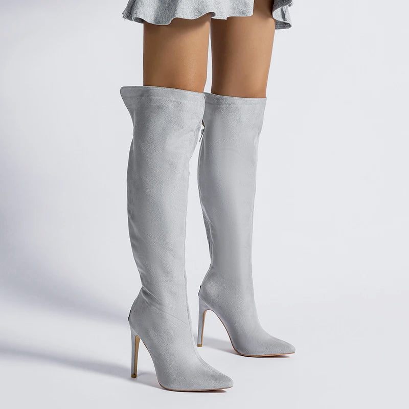 Sexiga Kvinnor Lårhöga Stövlar Höst Vinter Mocka Med Spetsad Tå Stilettklackar Festklänning Over The Knee Boots - Grå