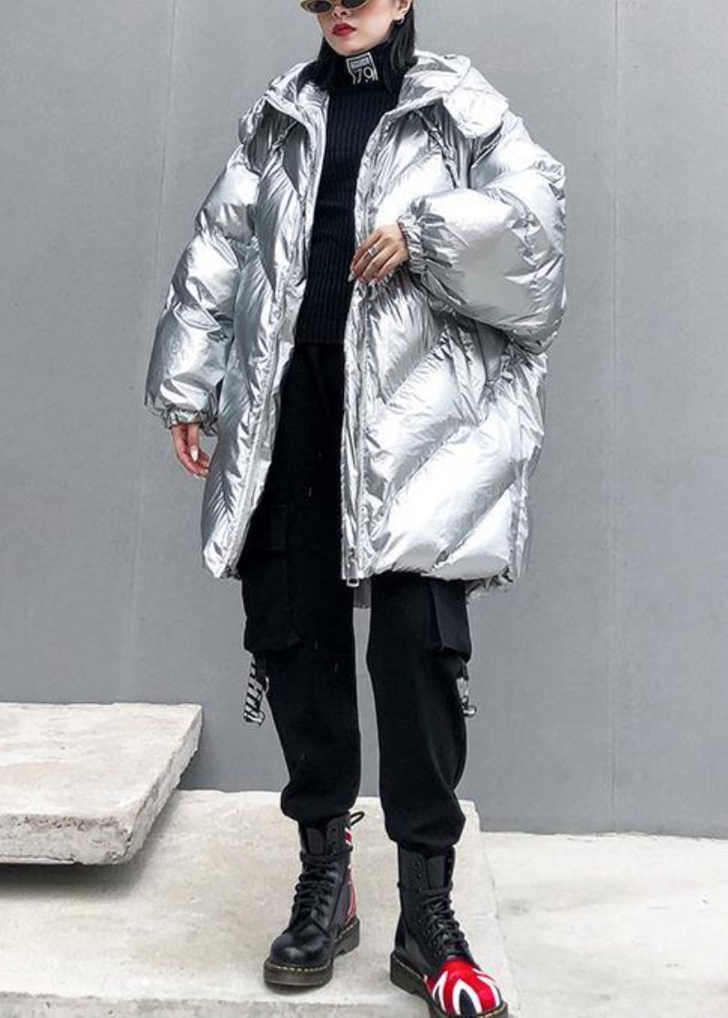 Silver Parkas För Kvinnor Oversized Dunjacka Vinter Ytterkläder Huva