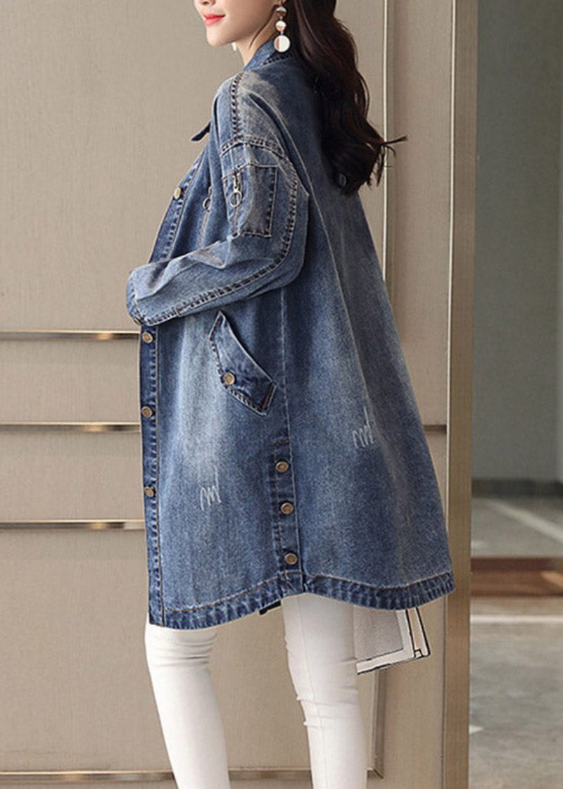 Slim Fit Blå Peter Pan Krage Broderad Patchwork Button Denim Coat Spring - Vinterkappor för kvinnor