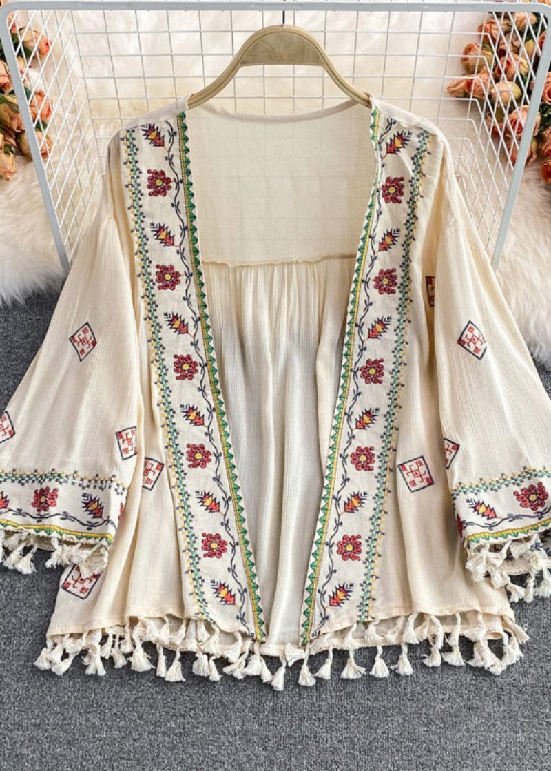 Snygg Aprikos V-hals Broderad Tofs Cardigan Summer