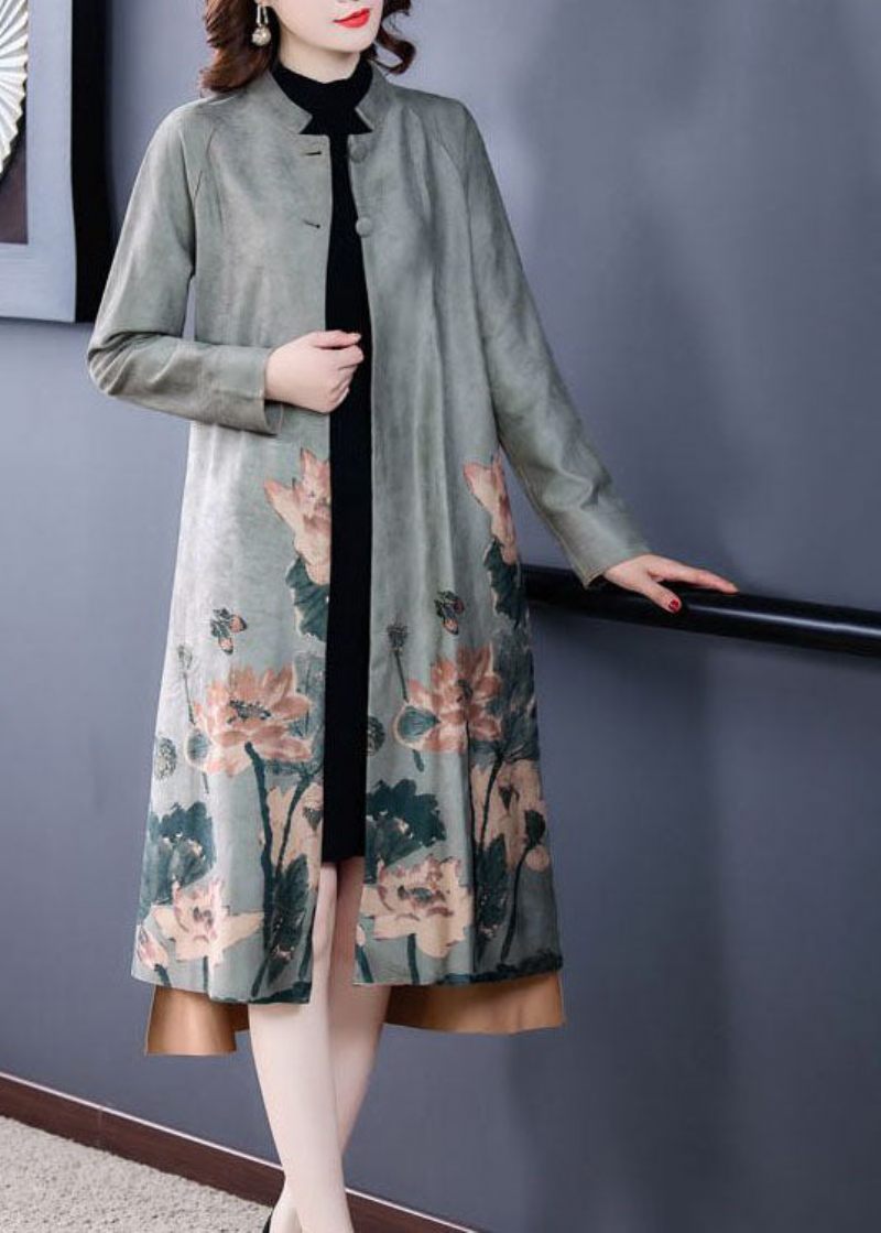 Snygg Grå Stativkrage Oversized Print Faux Mocka Coat Långärmad - Grå