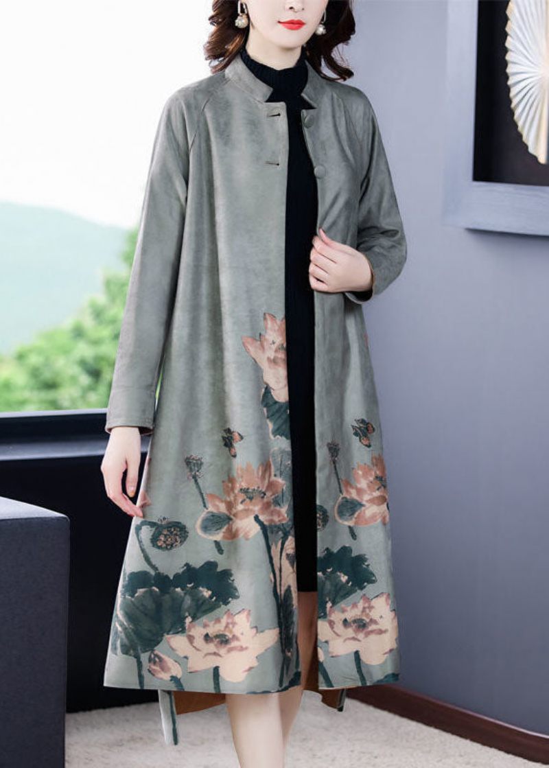 Snygg Grå Stativkrage Oversized Print Faux Mocka Coat Långärmad - Grå